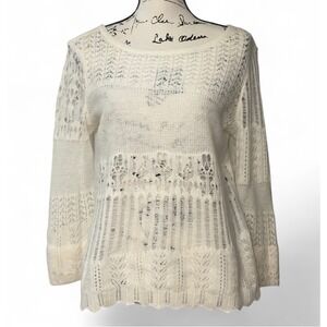 J.Jill Cream Merino Wool Angora Pointelle Lace Knit Sweater Scalloped Hem Sz M